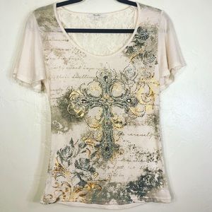 Miss Me | Cross Rhinestones Top w/ Flutter Sleeves